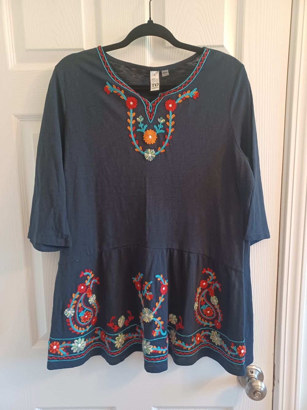 Navy Embroidered Floral Tiered Tunic Top 3/4 Flare Sleeve Boho Festival Cotton